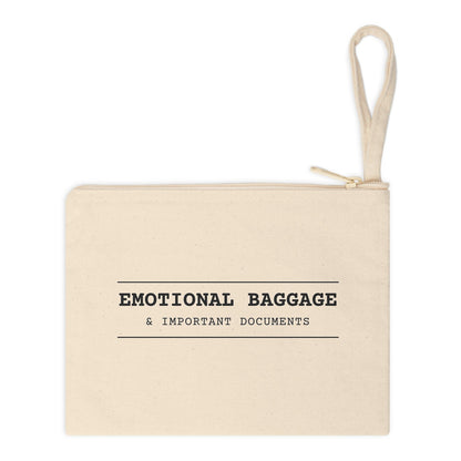 Cream canvas zip pouch: EMOTIONAL BAGGAGE & IMPORTANT DOCUMENTS