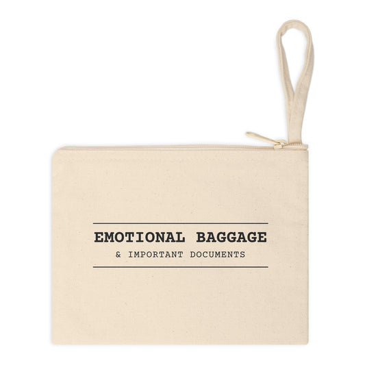 Cream canvas zip pouch: EMOTIONAL BAGGAGE & IMPORTANT DOCUMENTS