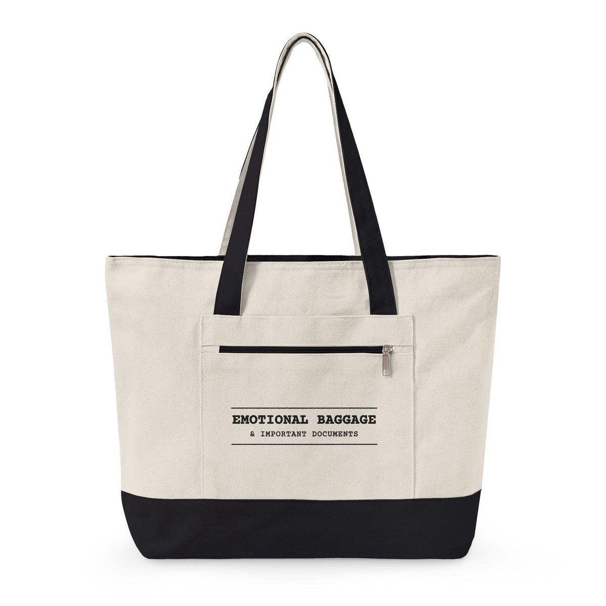Zip tote with black handles: EMOTIONAL BAGGAGE & IMPORTANT DOCUMENTS on the front pocket