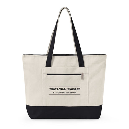 Zip tote with black handles: EMOTIONAL BAGGAGE & IMPORTANT DOCUMENTS on the front pocket