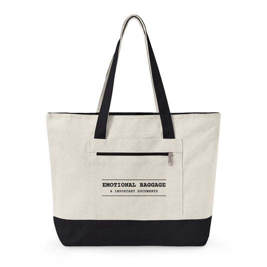 Zip tote with black handles: EMOTIONAL BAGGAGE & IMPORTANT DOCUMENTS on the front pocket