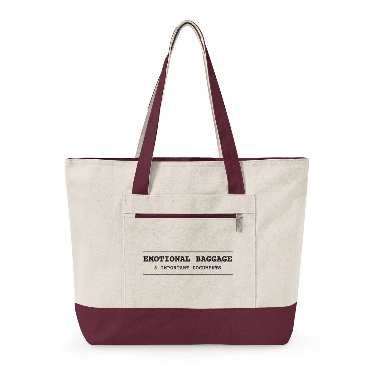 The tote with maroon handles and base