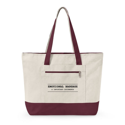 The tote with maroon handles and base