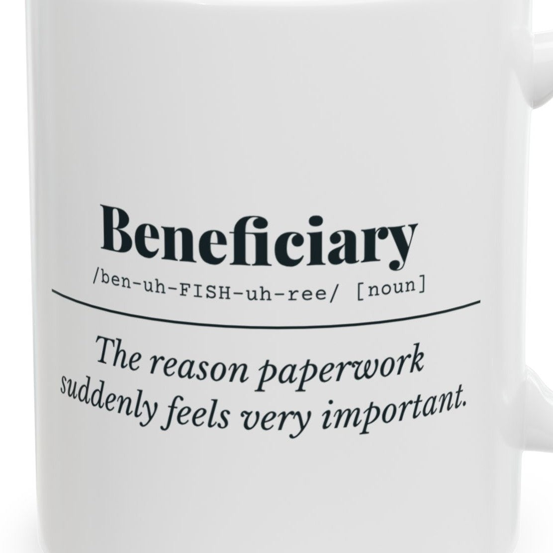 Close-up of the Beneficiary Definition Mug design