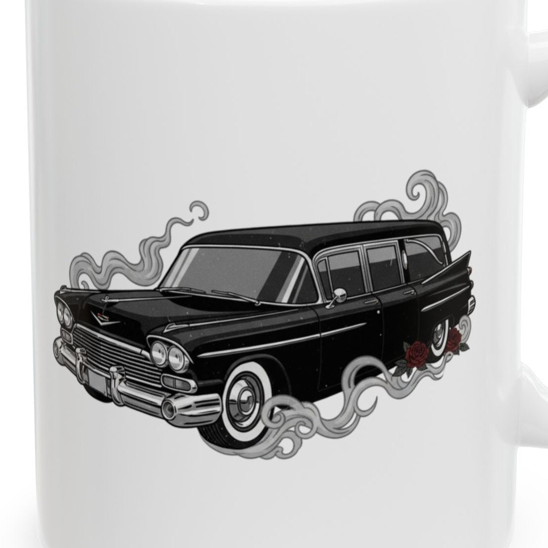 Close-up of the Hearse Mug design