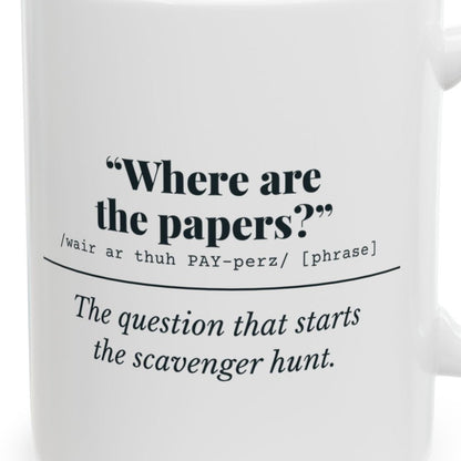 Close-up of the Where Are the Papers? Mug design