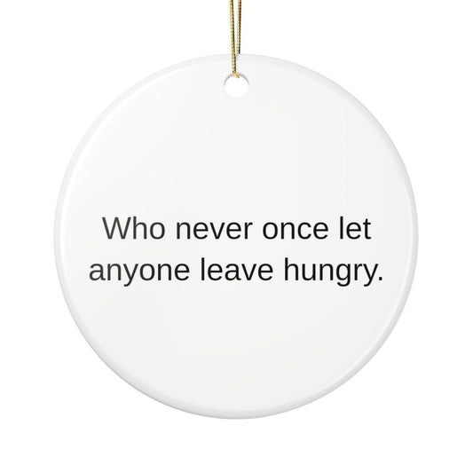The back of the round ornament with a line about her