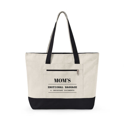 Personalized zip tote with black handles: MOM'S EMOTIONAL BAGGAGE & IMPORTANT DOCUMENTS on the front pocket