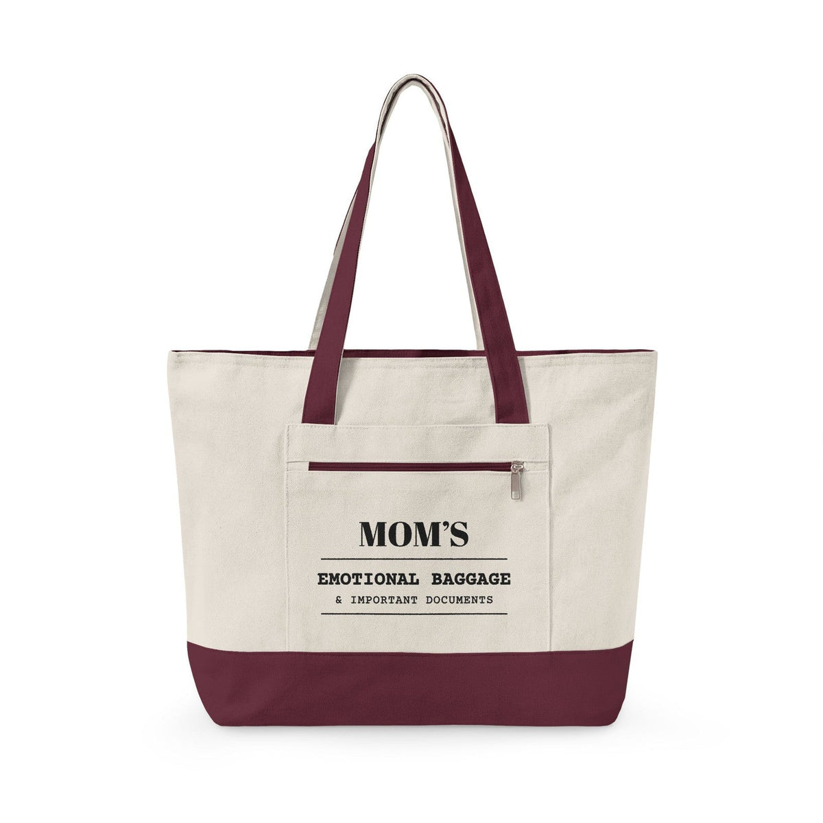 The tote with maroon handles and base