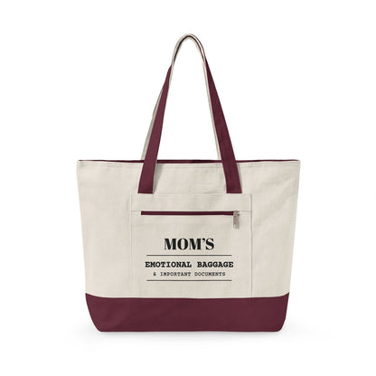 The tote with maroon handles and base