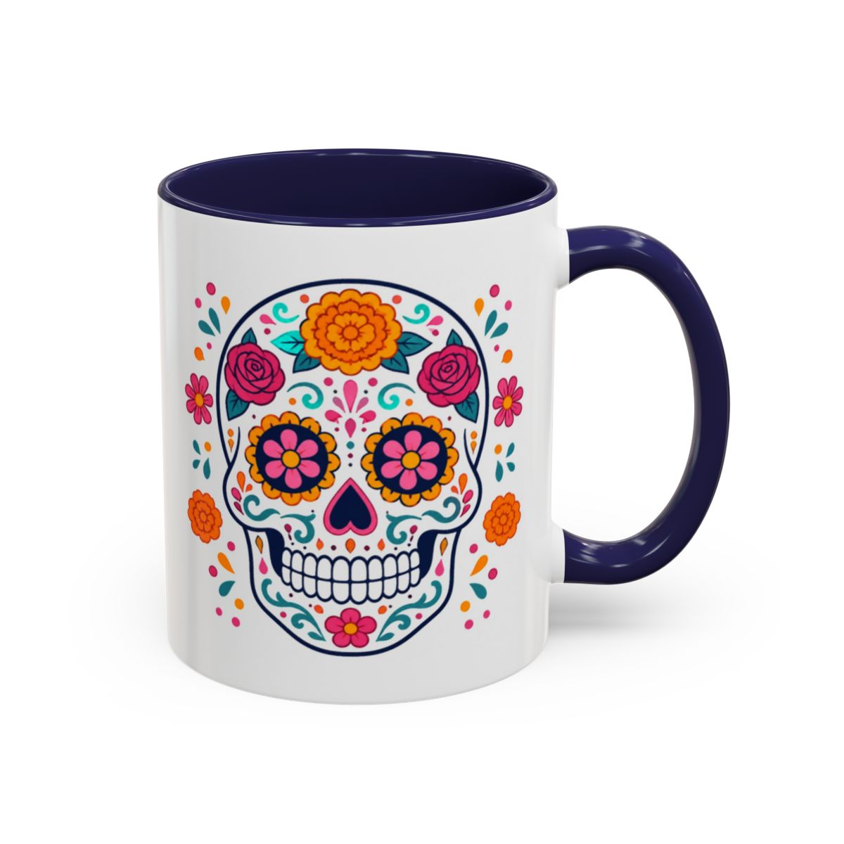 Day of the Dead Sugar Skull Mug – Navy handle and inside, 11 oz