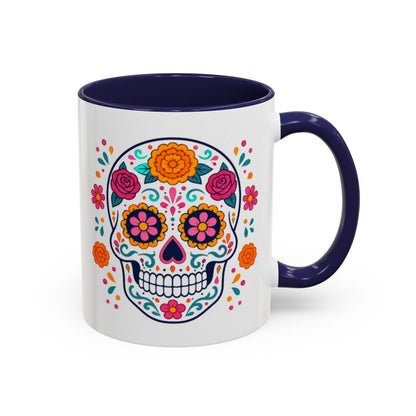 Day of the Dead Sugar Skull Mug – Navy handle and inside, 11 oz