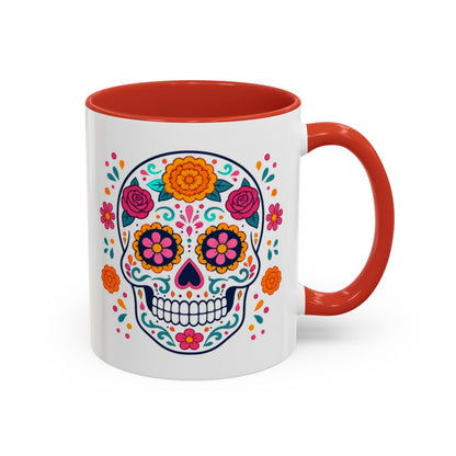 Day of the Dead Sugar Skull Mug – Red handle and inside, 11 oz