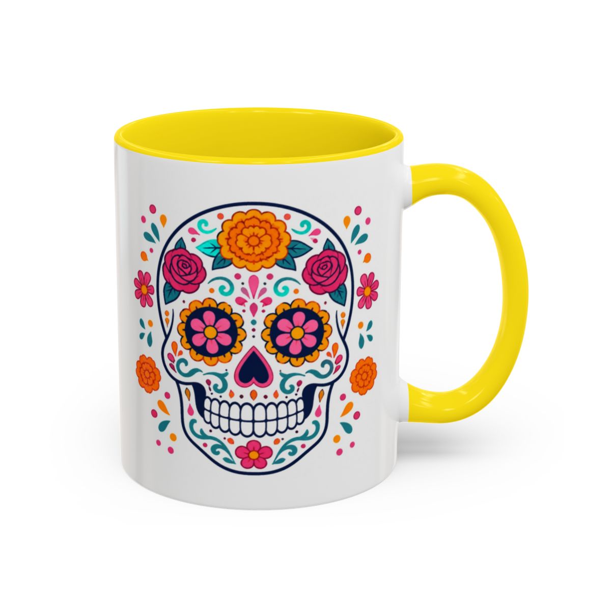 Day of the Dead Sugar Skull Mug – Yellow handle and inside, 11 oz