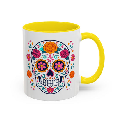Day of the Dead Sugar Skull Mug – Yellow handle and inside, 11 oz