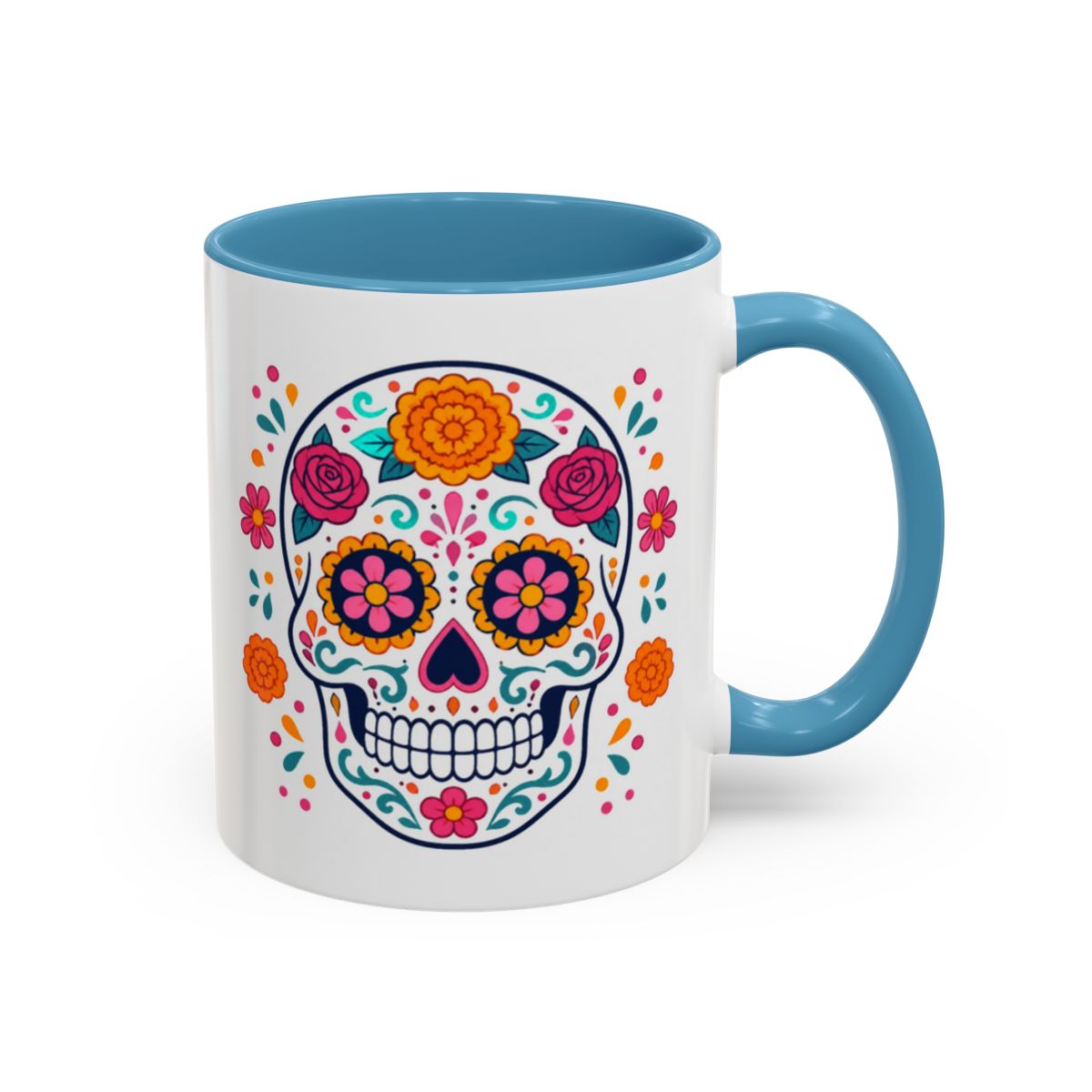 Day of the Dead Sugar Skull Mug – Light Blue handle and inside, 11 oz