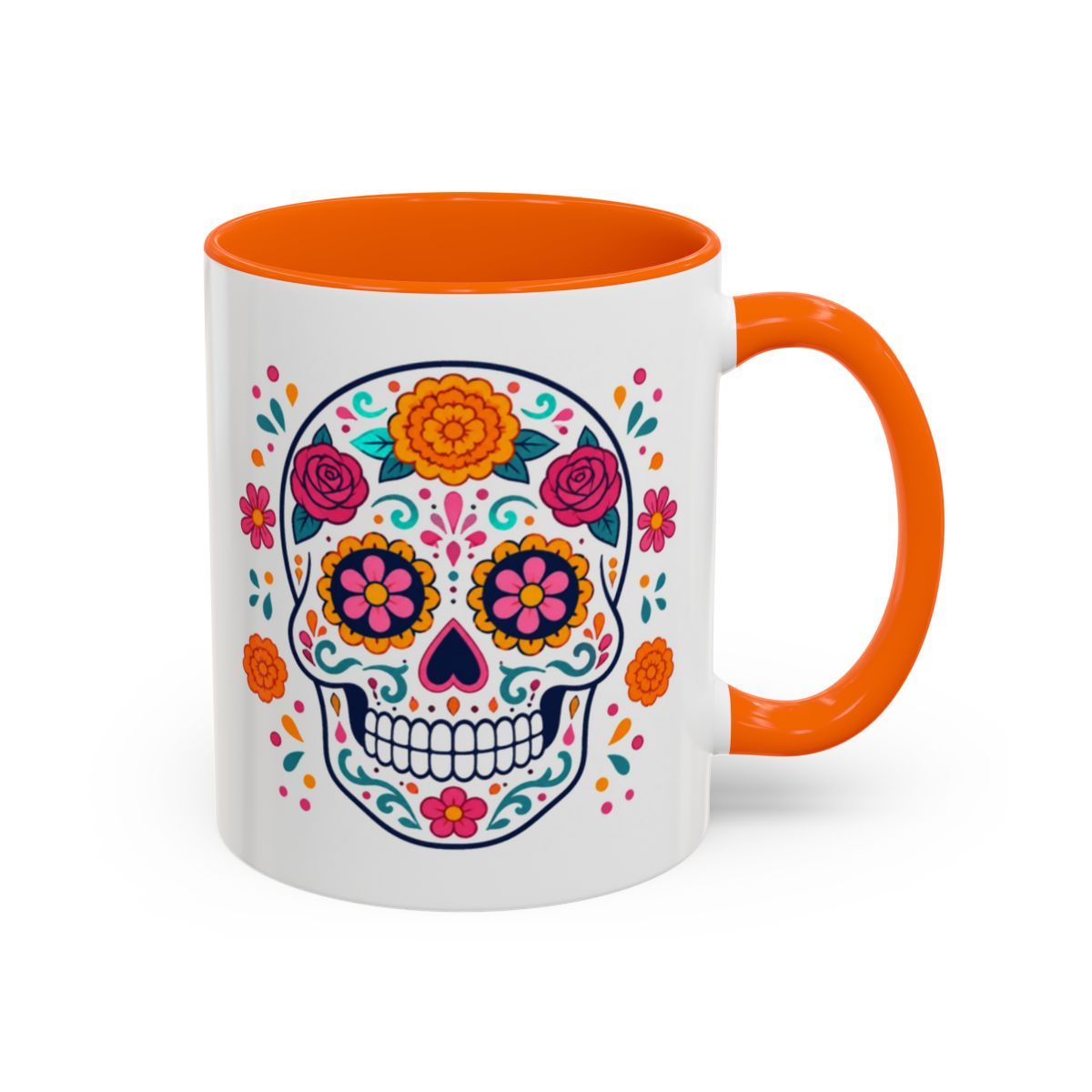 Day of the Dead Sugar Skull Mug – Orange handle and inside, 11 oz