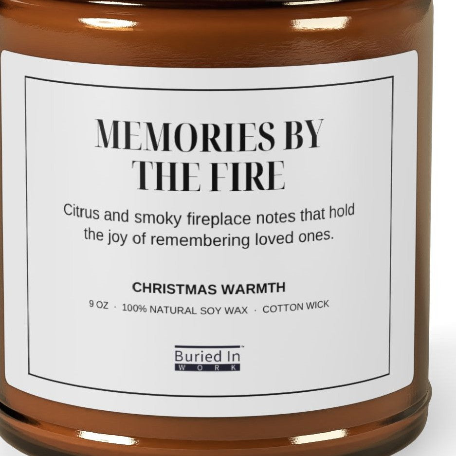 Close-up of the Memories by the Fire candle label