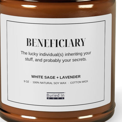 Close-up of the Beneficiary candle label