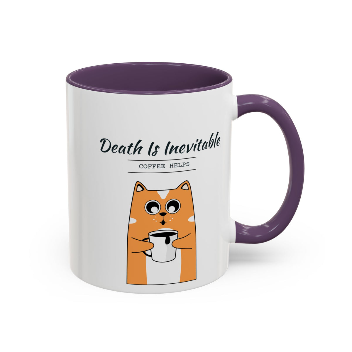 Death Is Inevitable. Coffee Helps. Mug – Purple handle and inside, 11 oz