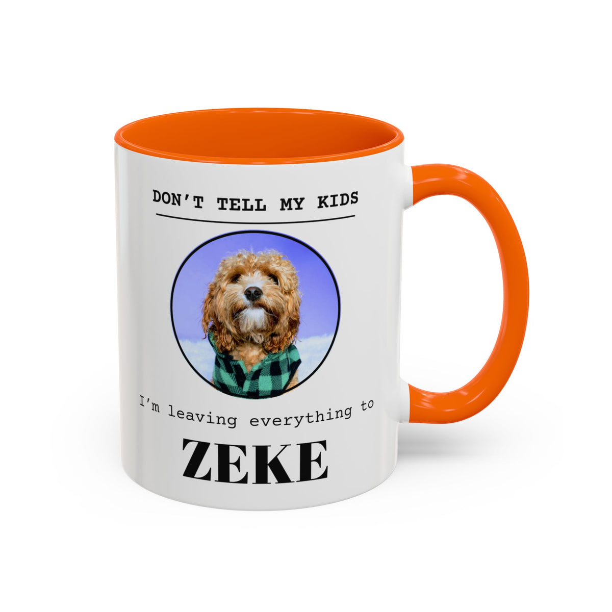 Don't Tell My Kids personalized pet mug with an orange handle and inside