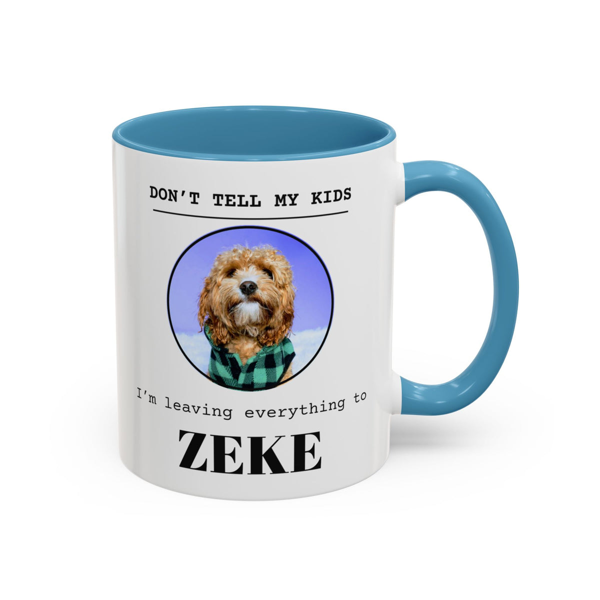 Don't Tell My Kids personalized pet mug with a light blue handle and inside