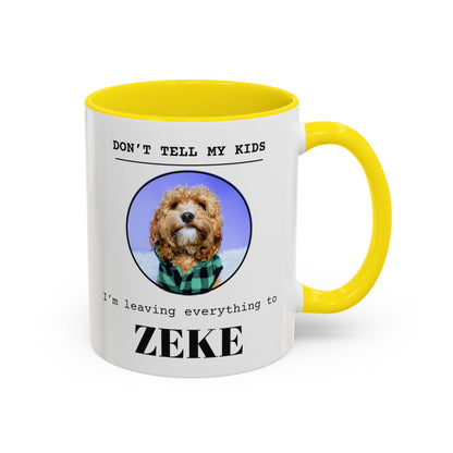 Don't Tell My Kids personalized pet mug with a yellow handle and inside