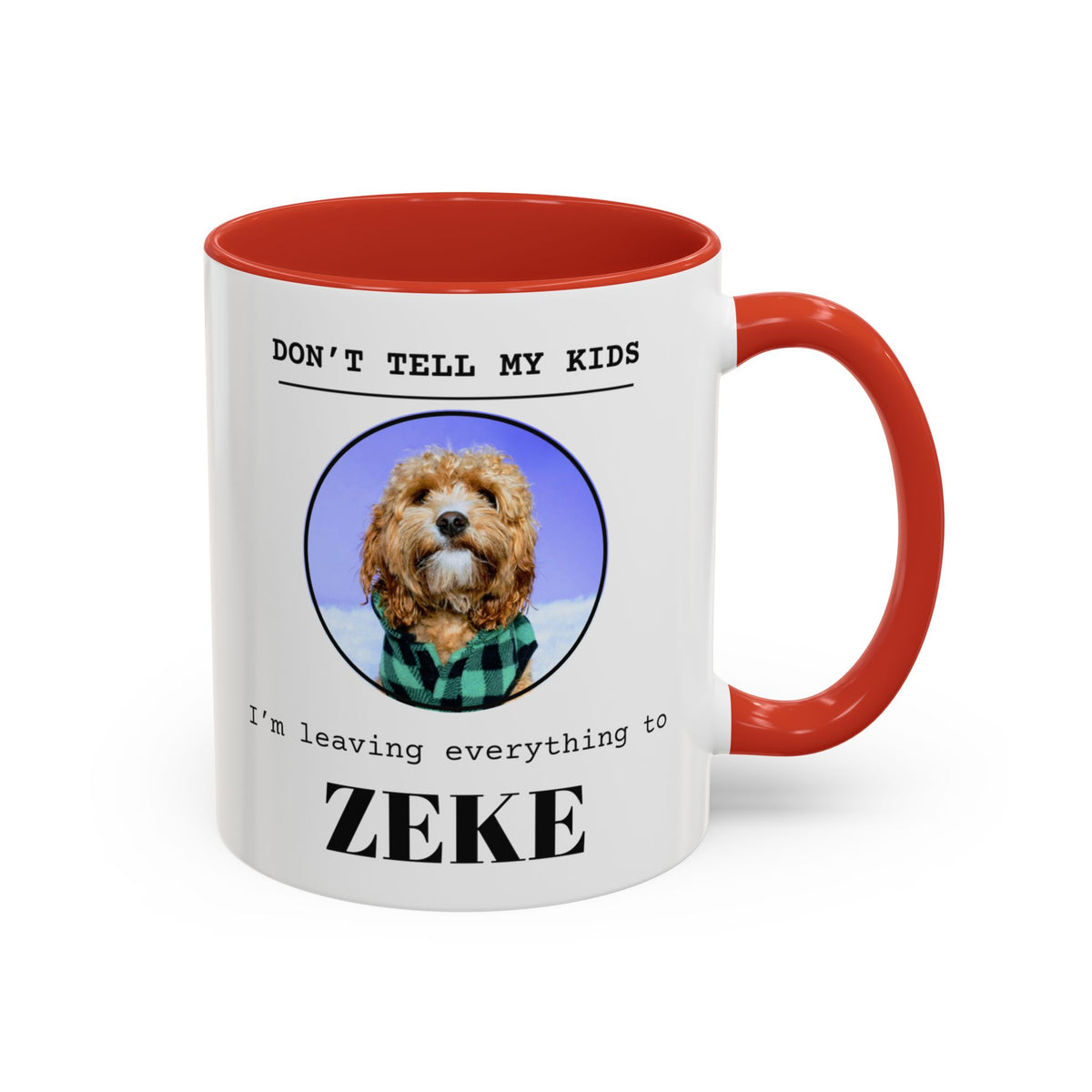 Don't Tell My Kids personalized pet mug with a red handle and inside