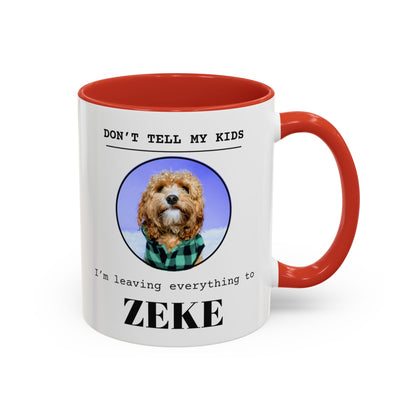 Don't Tell My Kids personalized pet mug with a red handle and inside