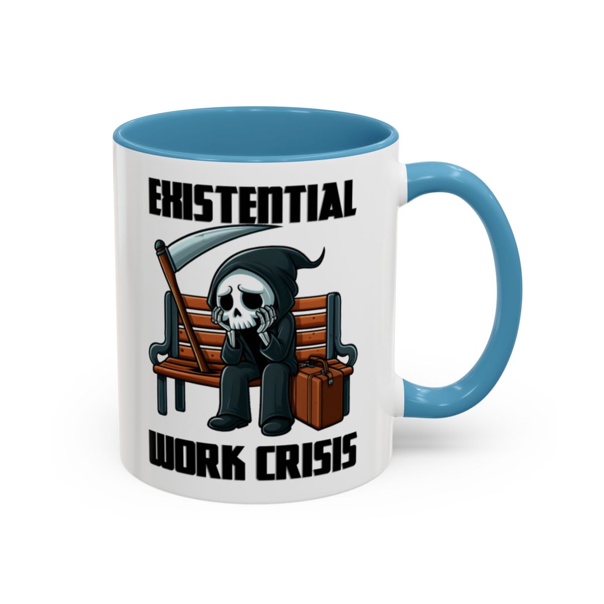 Existential Work Crisis Grim Reaper Mug – Light Blue handle and inside, 11 oz