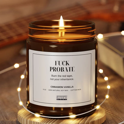 F*ck Probate candle lit, with string lights