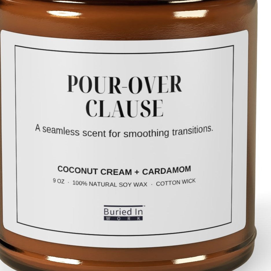 Close-up of the Pour-Over Clause candle label