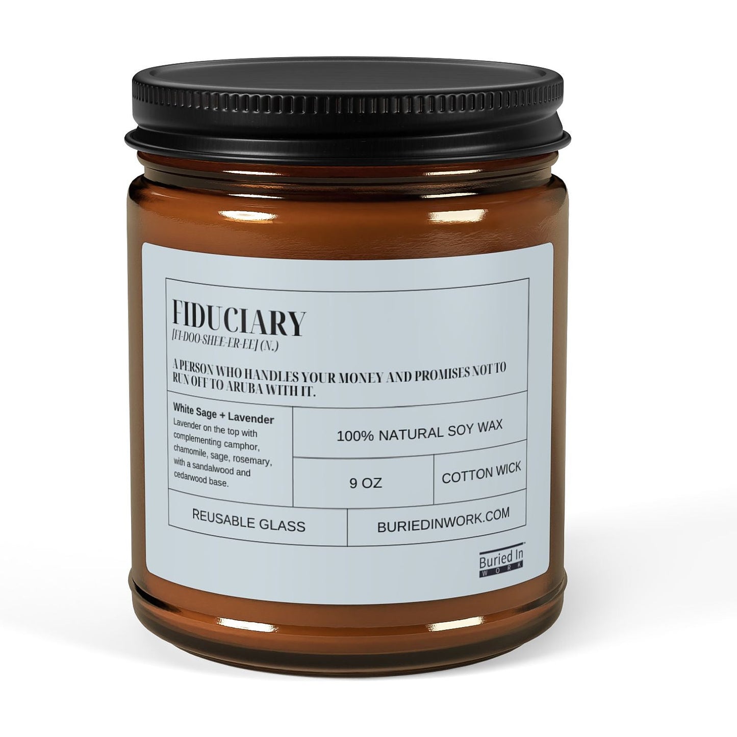 Fiduciary soy candle in an amber glass jar with a black lid, front label reading Fiduciary with its dictionary definition