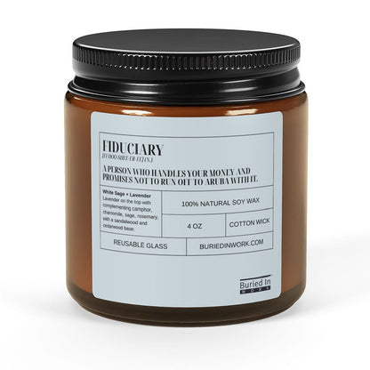 Fiduciary soy candle, 4 oz amber jar with black lid, front view