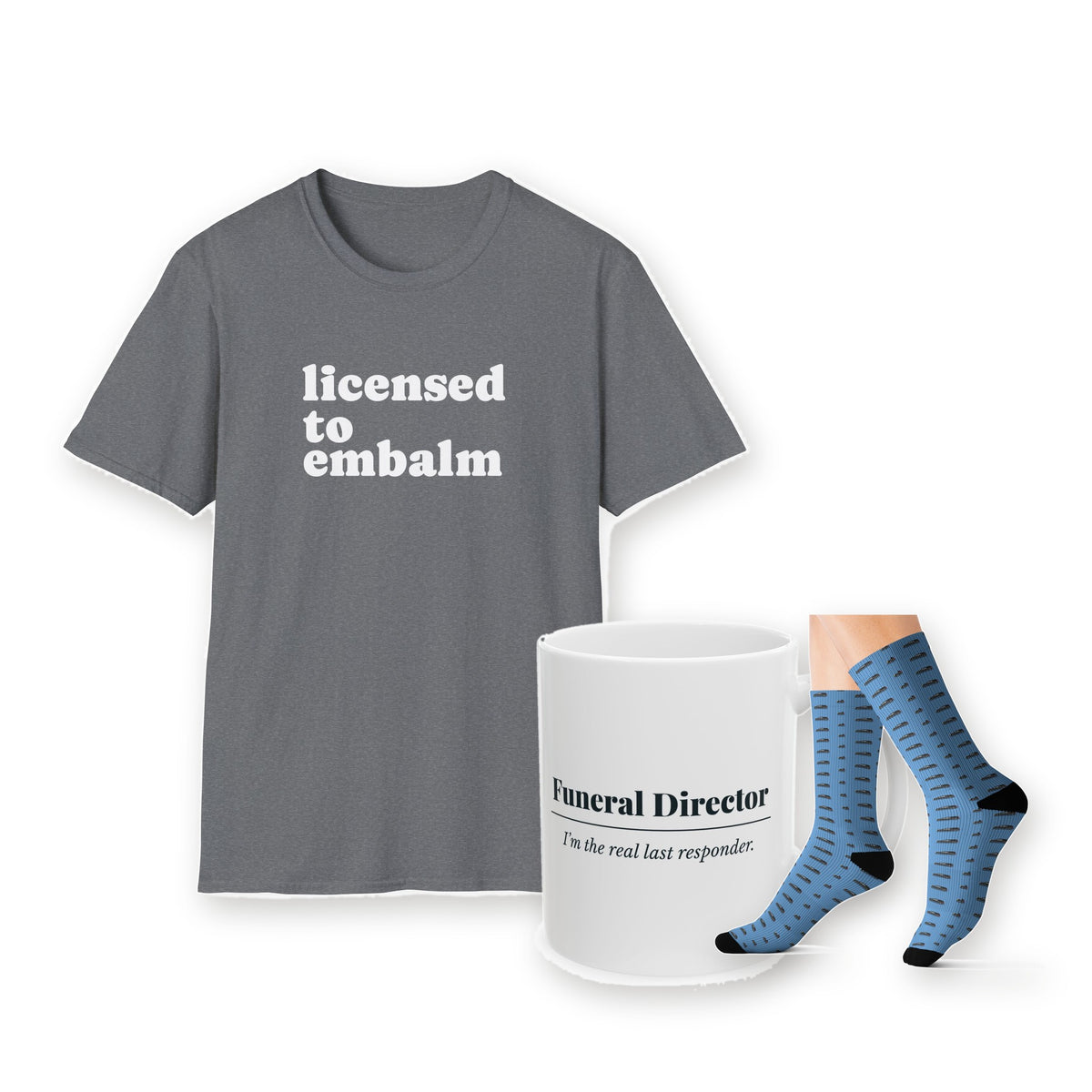 Funeral Director Break Room Kit: the Licensed to Embalm T-shirt, Funeral Director mug and hearse socks