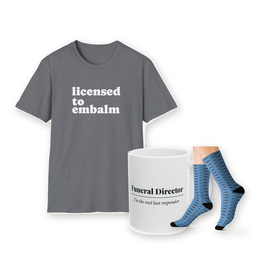 Funeral Director Break Room Kit: the Licensed to Embalm T-shirt, Funeral Director mug and hearse socks