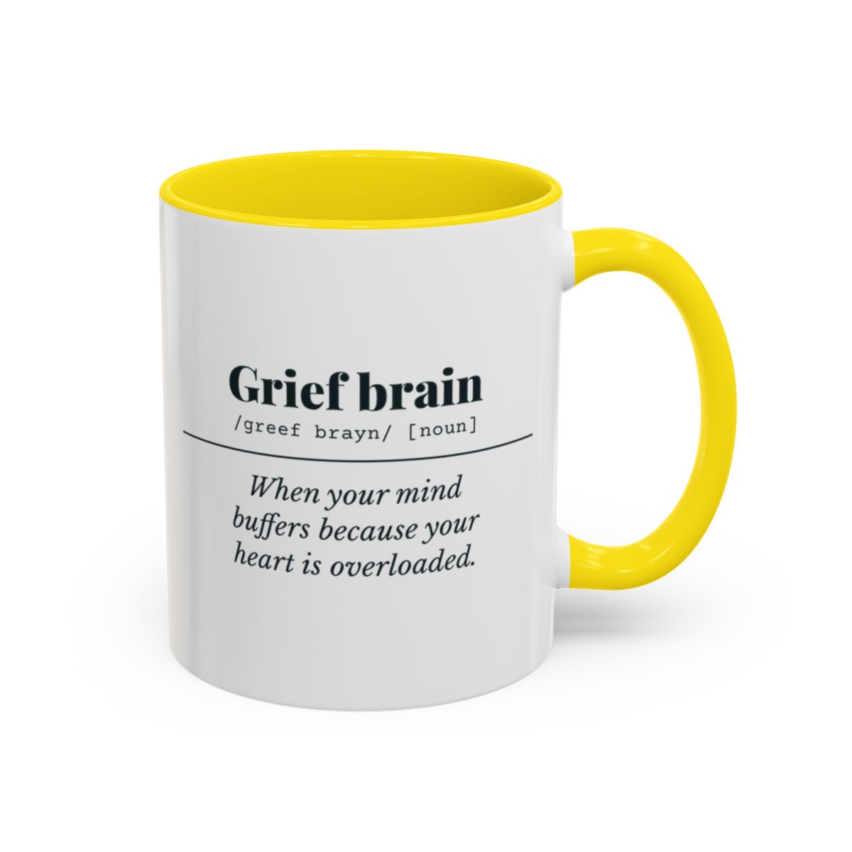 Grief Brain Definition Mug – Yellow handle and inside, 11 oz