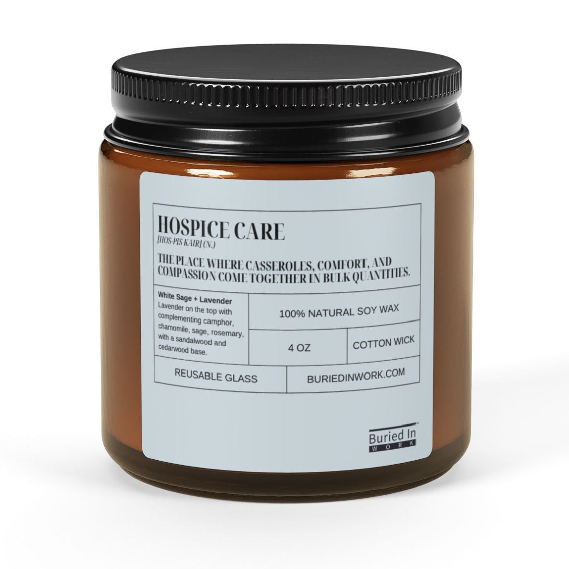 Hospice Care soy candle, 4 oz amber jar with black lid, shown from the front