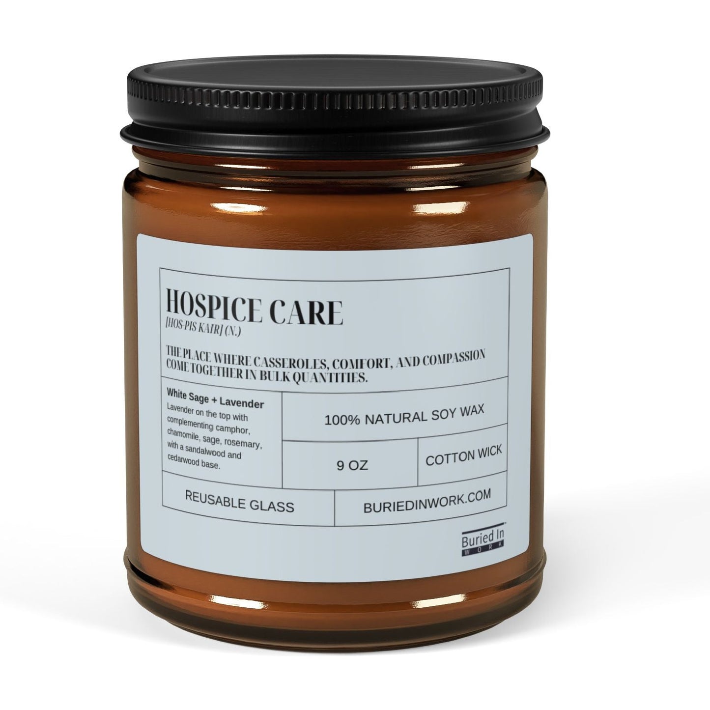 Hospice Care soy candle in an amber glass jar with a black lid, front label reading Hospice Care with its dictionary definition