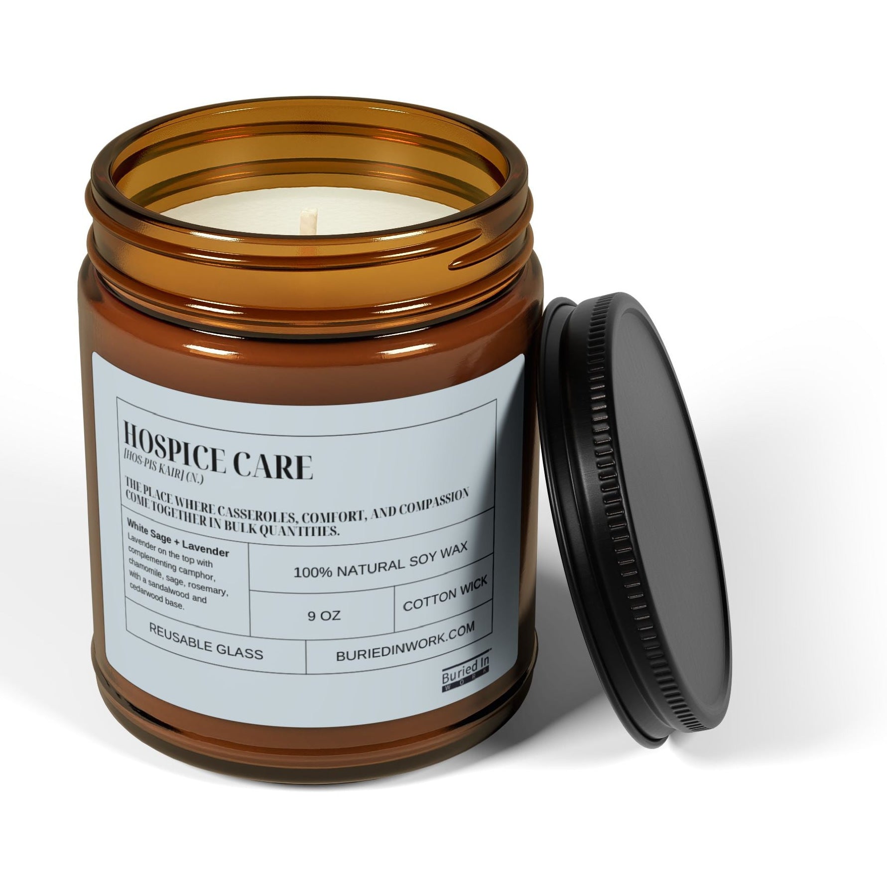 Hospice Care soy candle with the lid removed, showing the cotton wick and soy wax, lid resting against the jar