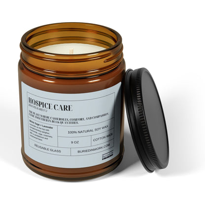 Hospice Care soy candle with the lid removed, showing the cotton wick and soy wax, lid resting against the jar