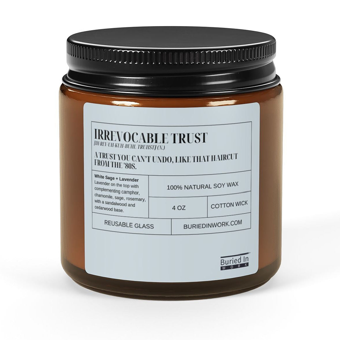 Irrevocable Trust soy candle, 4 oz amber jar with black lid, front view