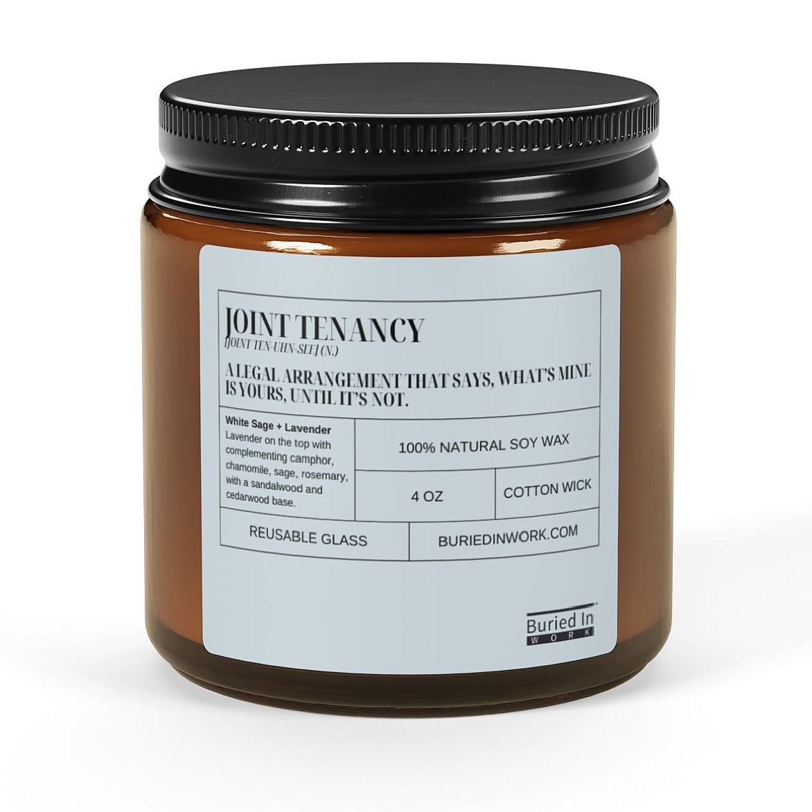 Joint Tenancy soy candle, 4 oz amber jar with black lid, front view