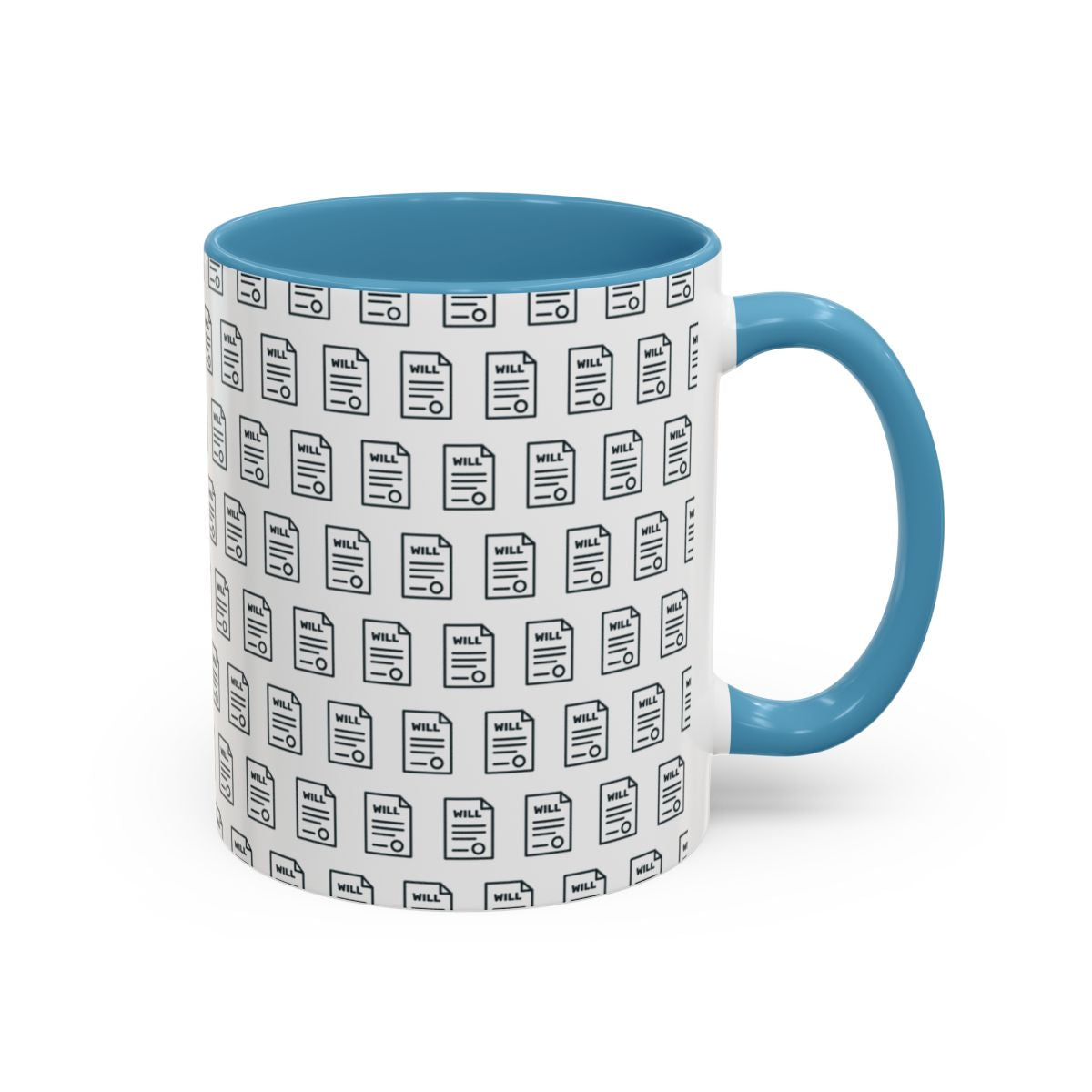 Last Will Pattern Mug for Estate Planners – Light Blue handle and inside, 11 oz