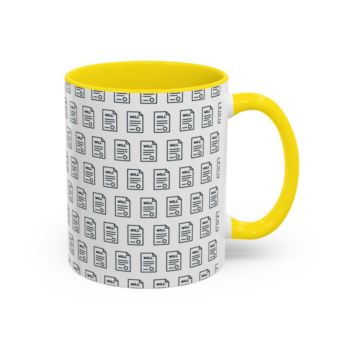 Last Will Pattern Mug for Estate Planners – Yellow handle and inside, 11 oz