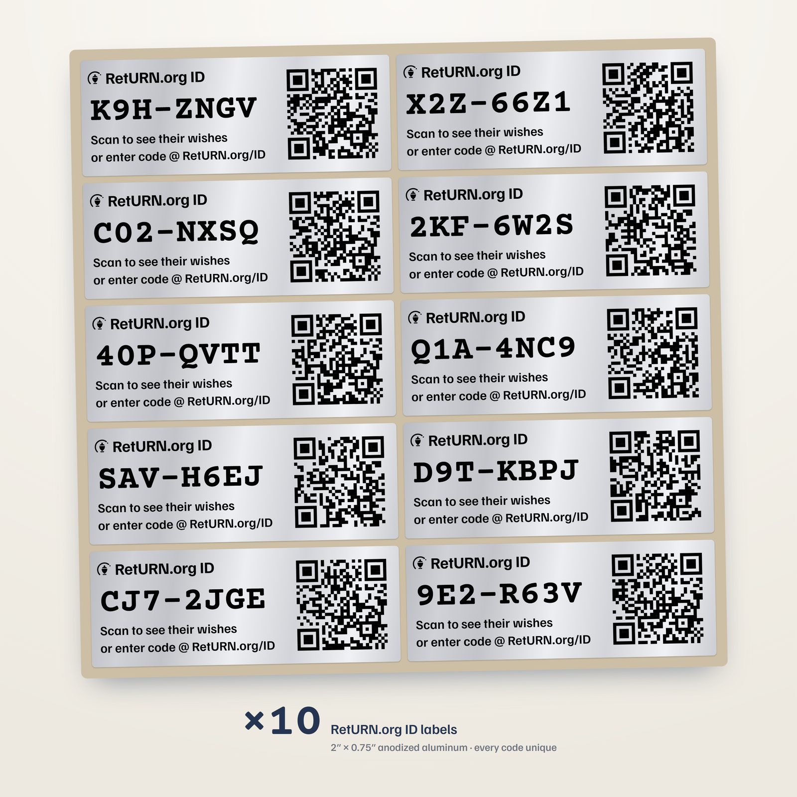 A carrier sheet of ten RetURN.org ID labels, each 2 by 0.75 inch anodized aluminum with its own unique code and QR code.
