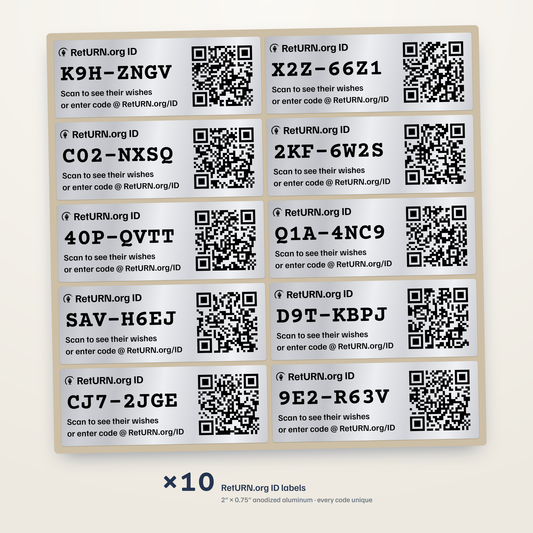 A carrier sheet of ten RetURN.org ID labels, each 2 by 0.75 inch anodized aluminum with its own unique code and QR code.