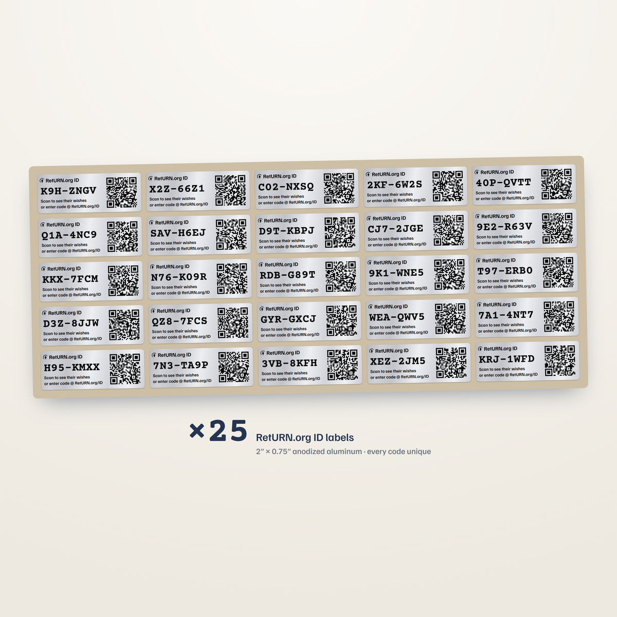 A carrier sheet of twenty-five RetURN.org ID labels, each 2 by 0.75 inch anodized aluminum with its own unique code and QR code.