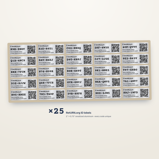 A carrier sheet of twenty-five RetURN.org ID labels, each 2 by 0.75 inch anodized aluminum with its own unique code and QR code.