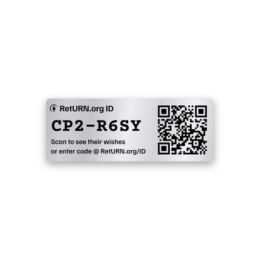 A RetURN.org ID label: 2 by 0.75 inch aluminum with the ID and a QR code